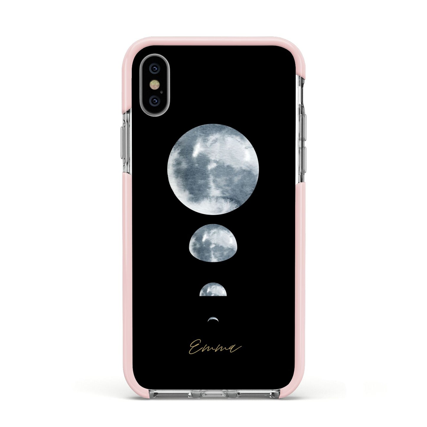 Personalised Moon Phases Apple iPhone Xs Impact Case Pink Edge on Silver Phone
