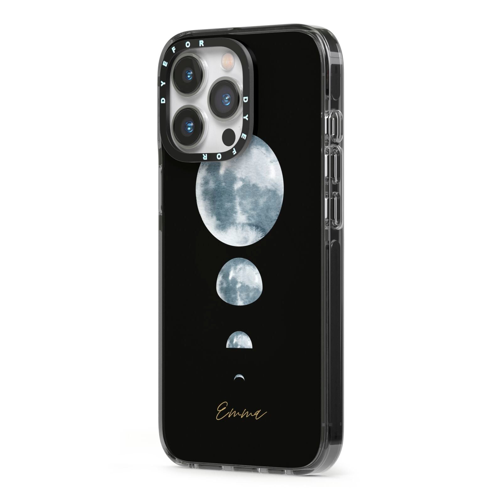 Personalised Moon Phases iPhone 13 Pro Black Impact Case Side Angle on Silver phone