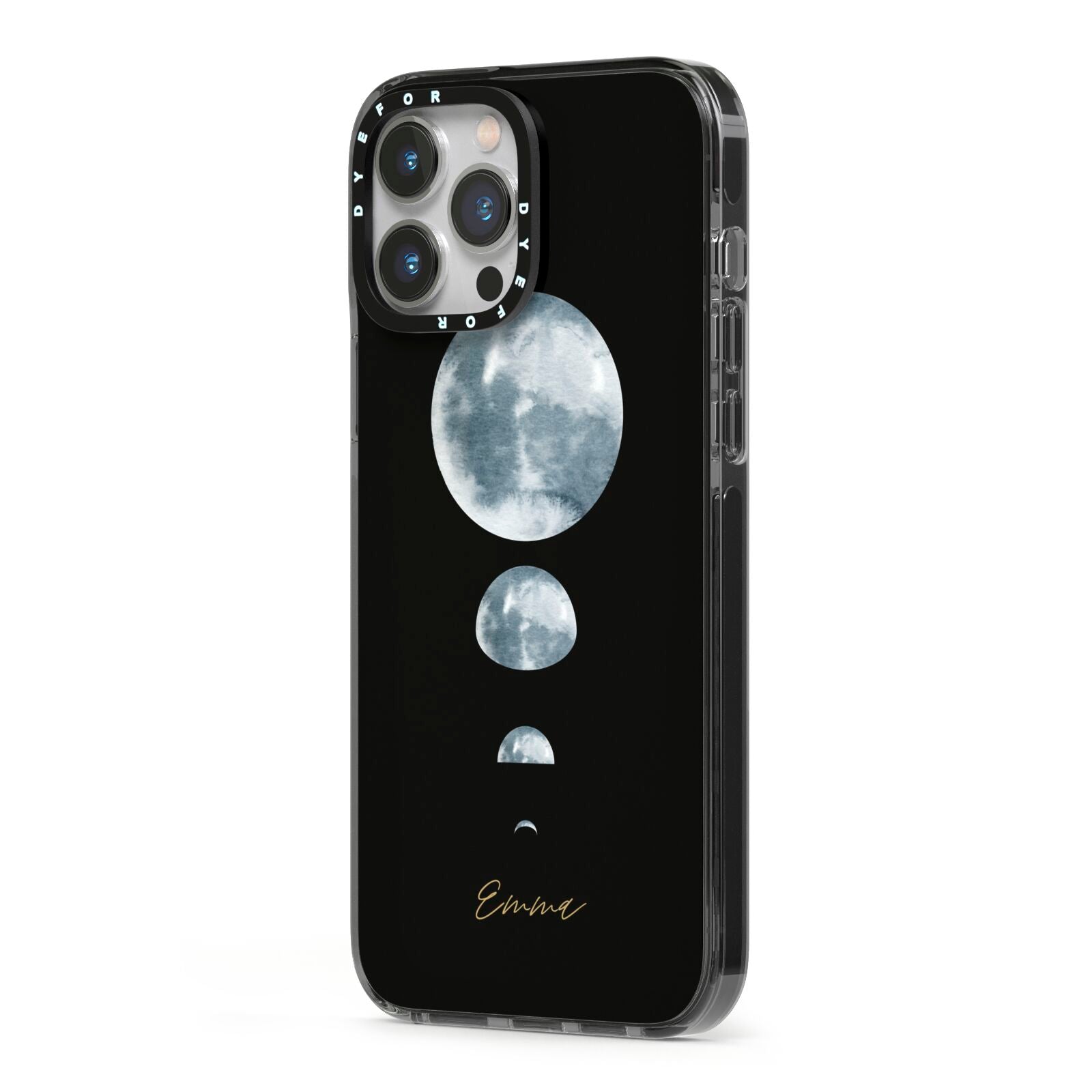 Personalised Moon Phases iPhone 13 Pro Max Black Impact Case Side Angle on Silver phone