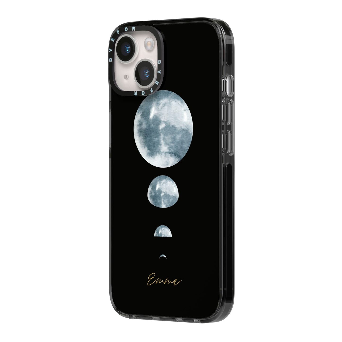 Personalised Moon Phases iPhone 14 Black Impact Case Side Angle on Silver phone