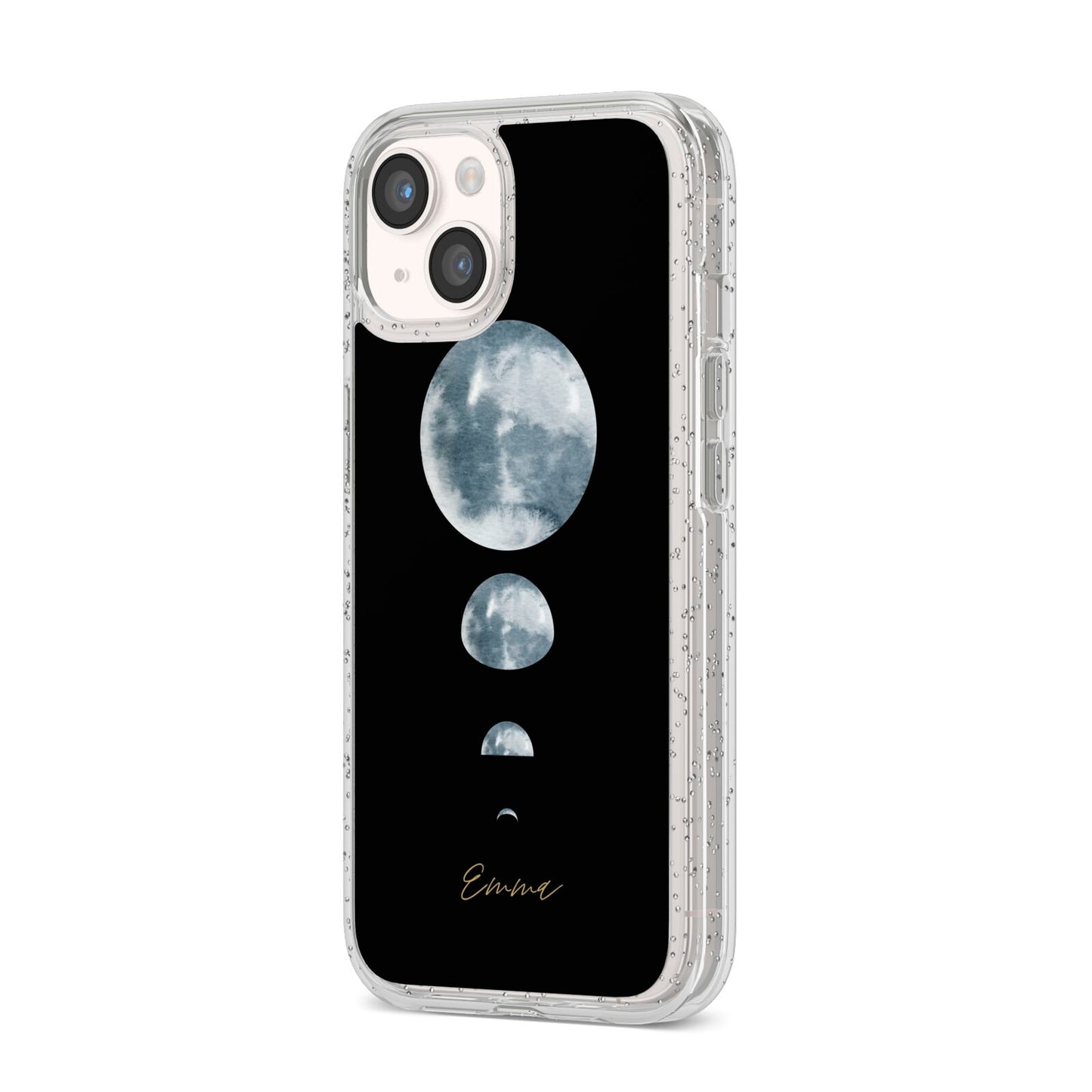 Personalised Moon Phases iPhone 14 Glitter Tough Case Starlight Angled Image