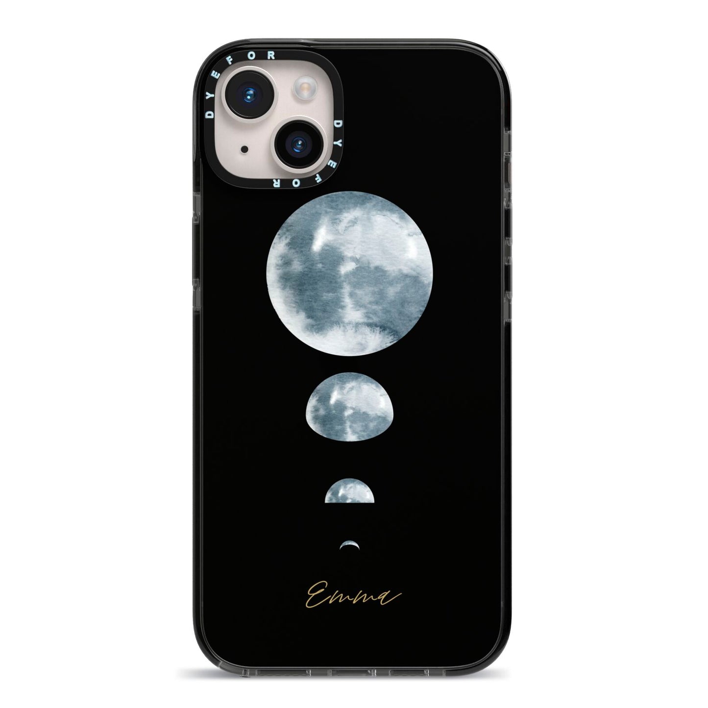 Personalised Moon Phases iPhone 14 Plus Black Impact Case on Silver phone