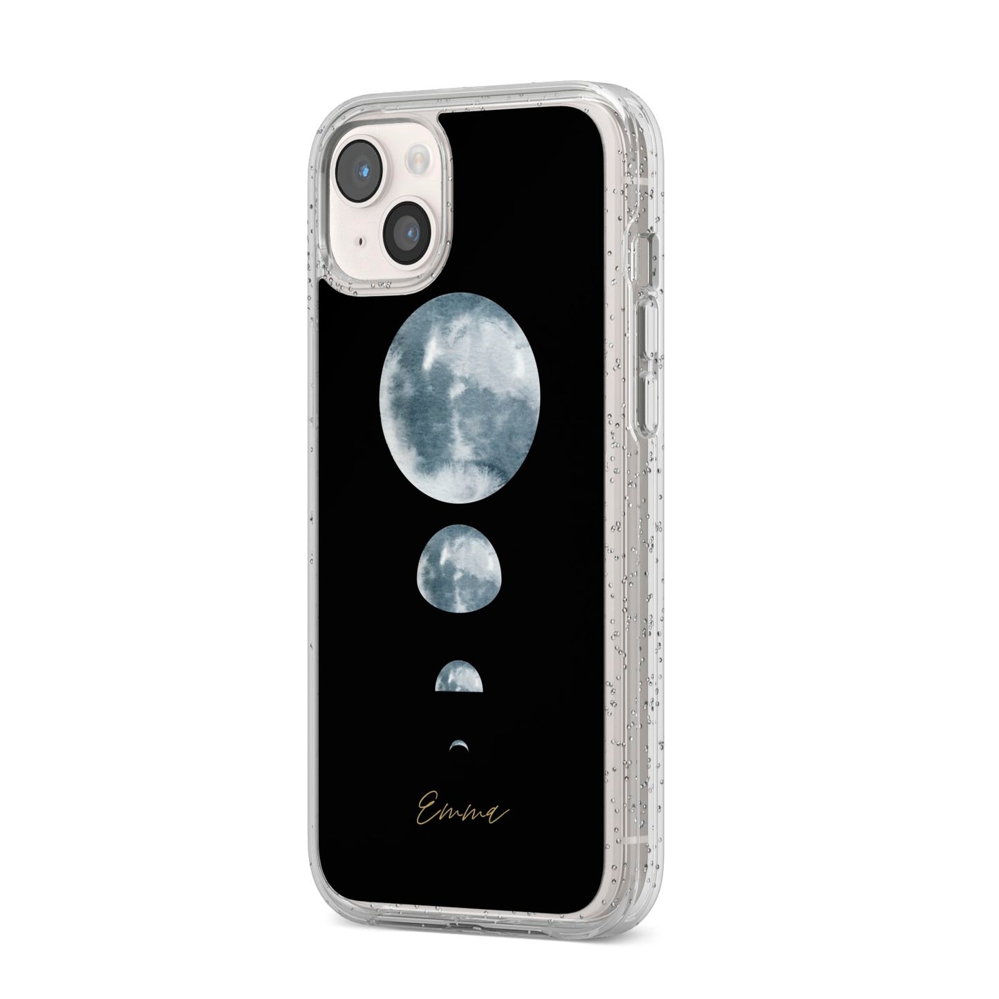 Personalised Moon Phases iPhone 14 Plus Glitter Tough Case Starlight Angled Image