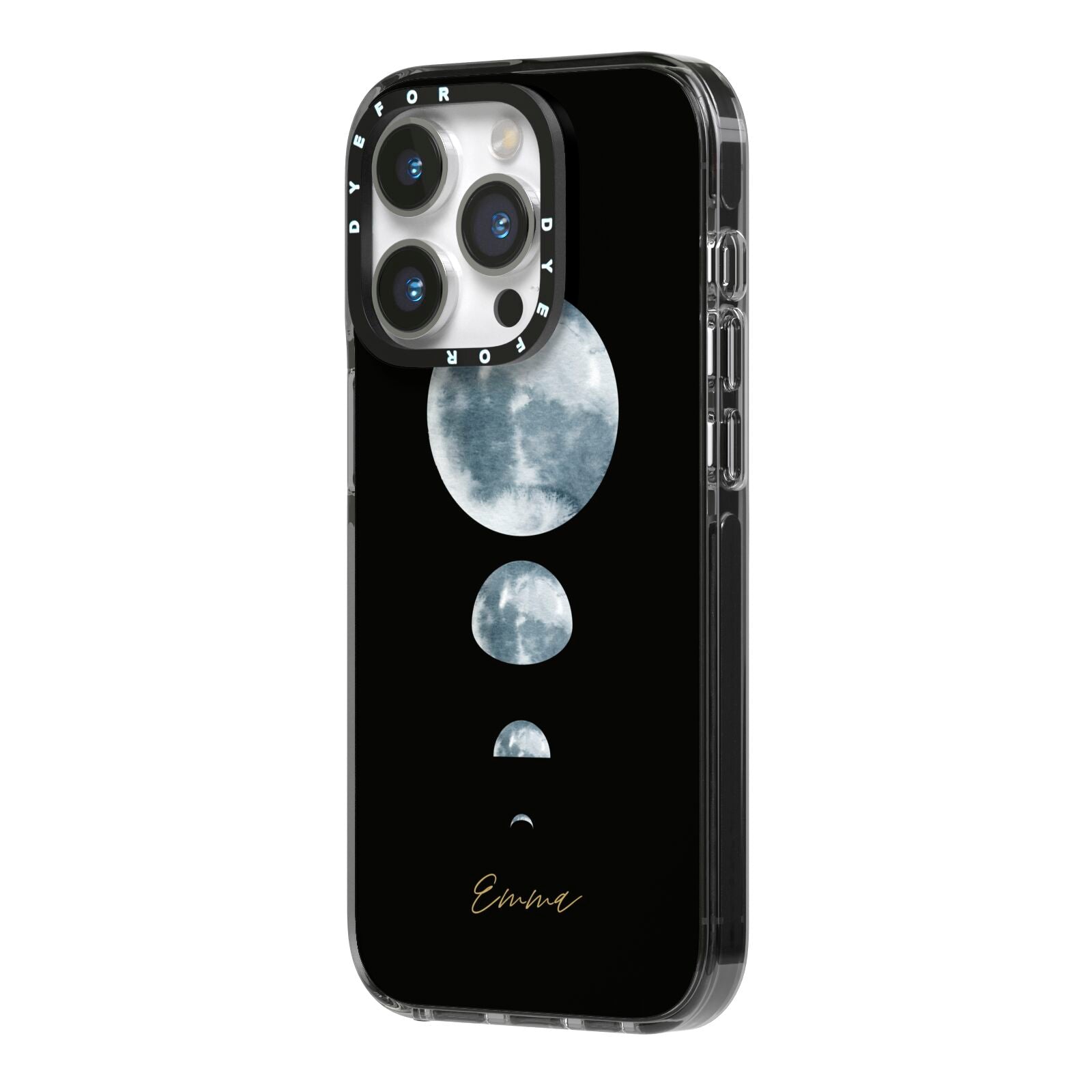Personalised Moon Phases iPhone 14 Pro Black Impact Case Side Angle on Silver phone
