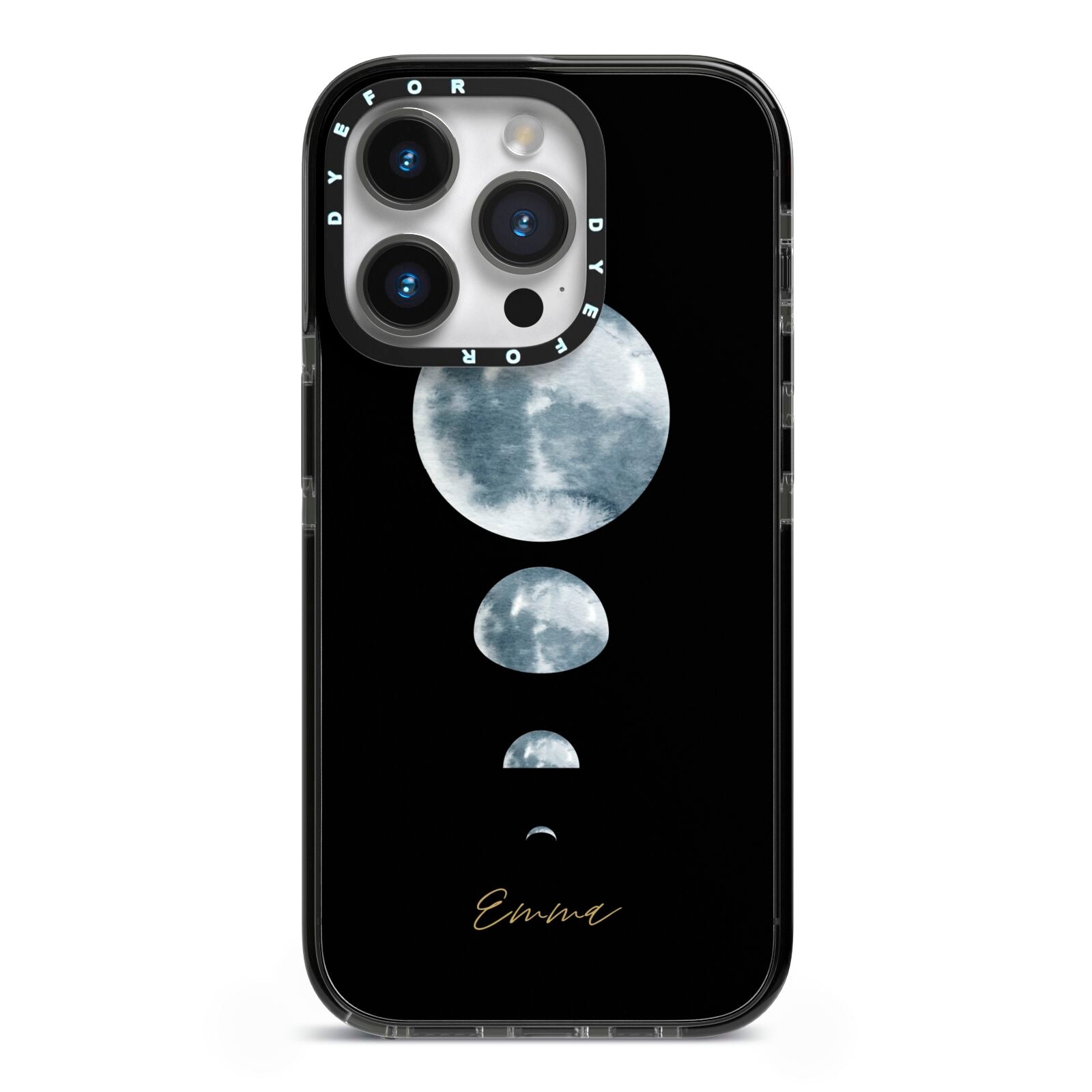 Personalised Moon Phases iPhone 14 Pro Black Impact Case on Silver phone