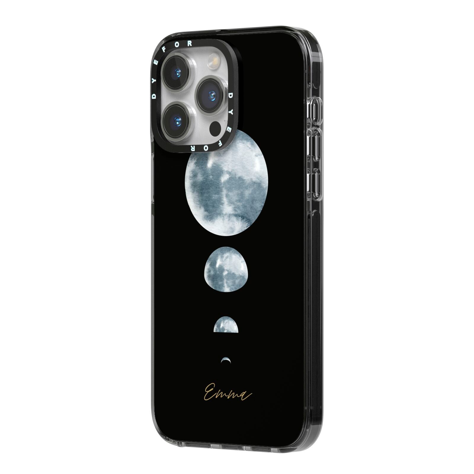 Personalised Moon Phases iPhone 14 Pro Max Black Impact Case Side Angle on Silver phone