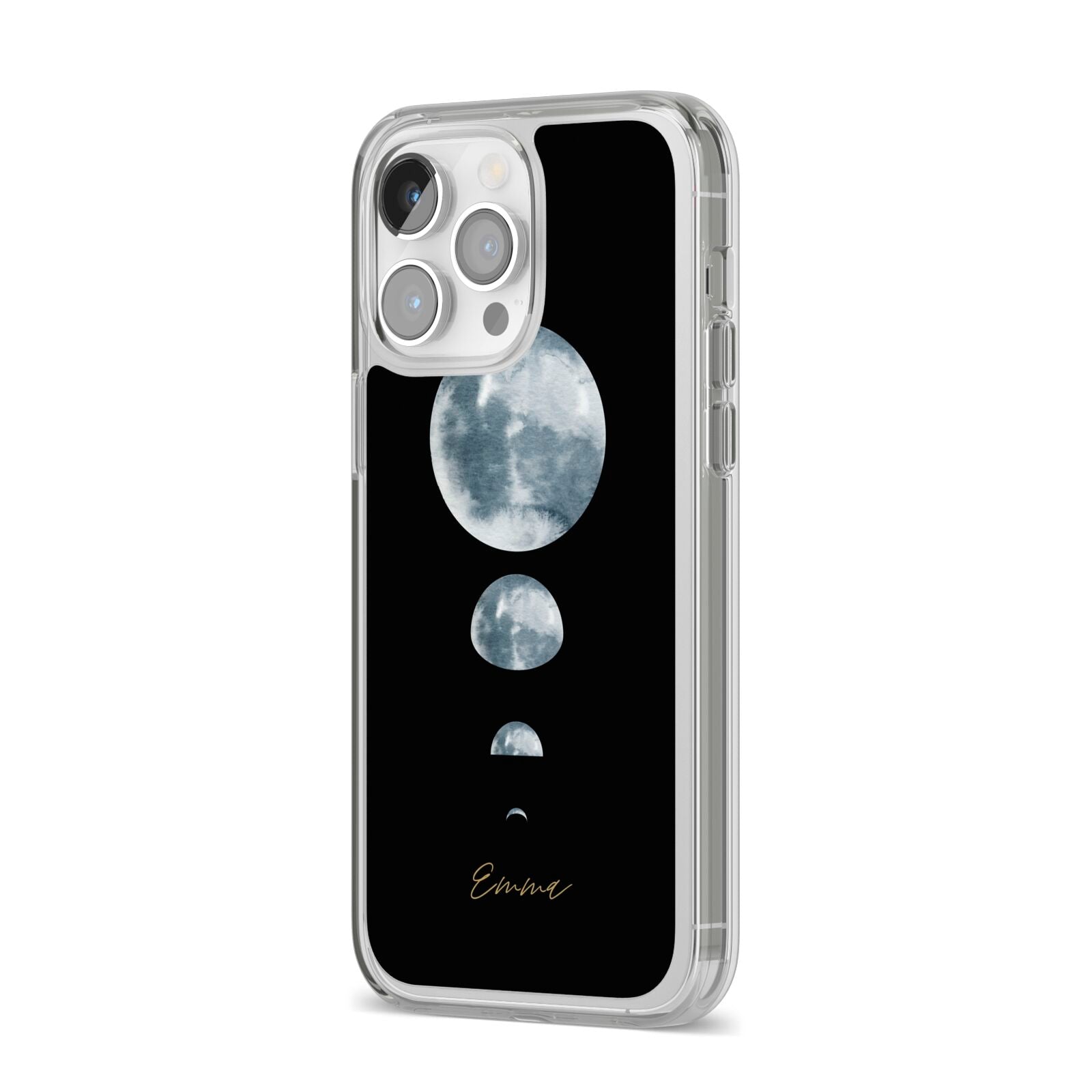 Personalised Moon Phases iPhone 14 Pro Max Clear Tough Case Silver Angled Image