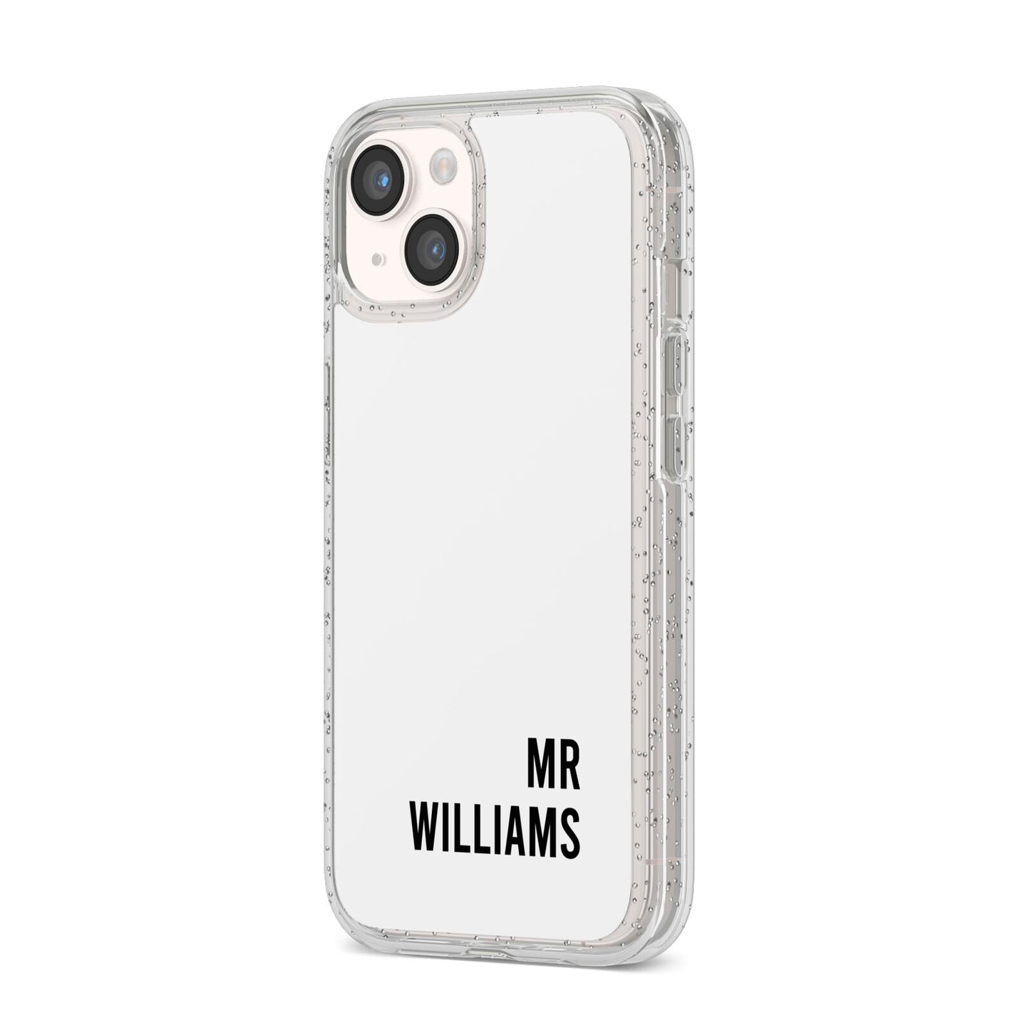 Personalised Mr Surname iPhone 14 Glitter Tough Case Starlight Angled Image