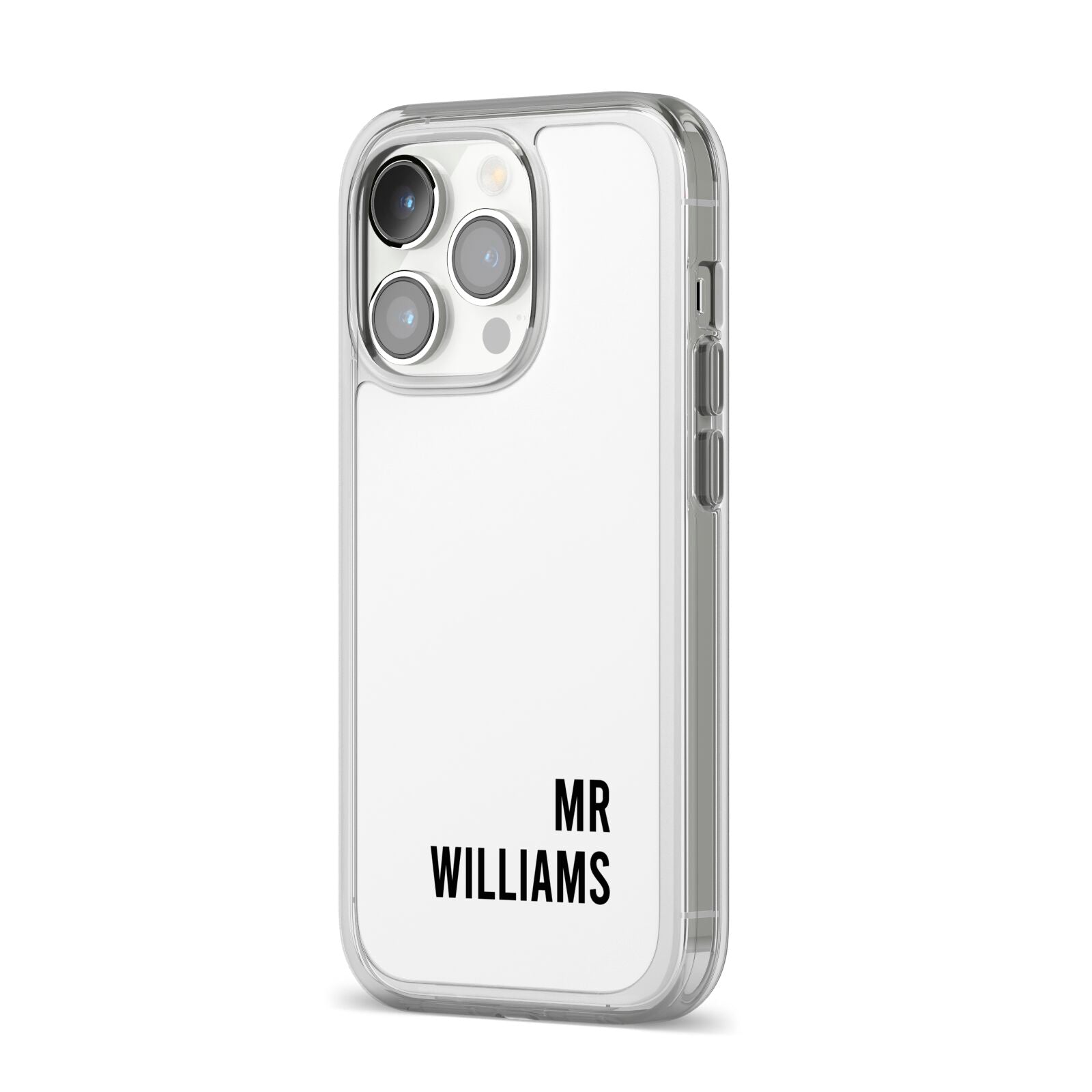 Personalised Mr Surname iPhone 14 Pro Clear Tough Case Silver Angled Image