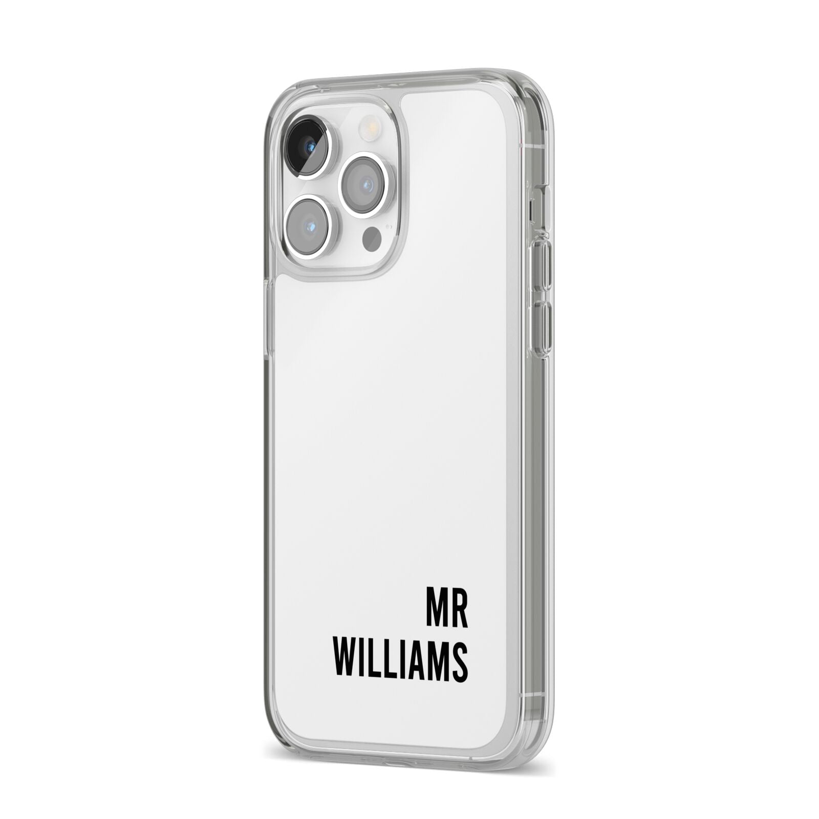 Personalised Mr Surname iPhone 14 Pro Max Clear Tough Case Silver Angled Image