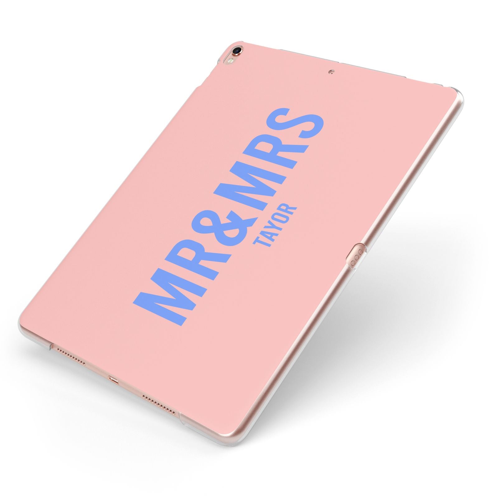 Personalised Mr and Mrs Apple iPad Case on Rose Gold iPad Side View