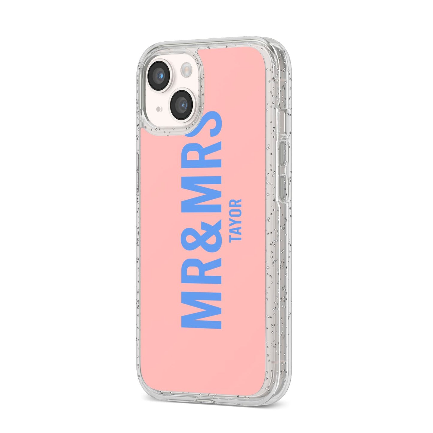 Personalised Mr and Mrs iPhone 14 Glitter Tough Case Starlight Angled Image
