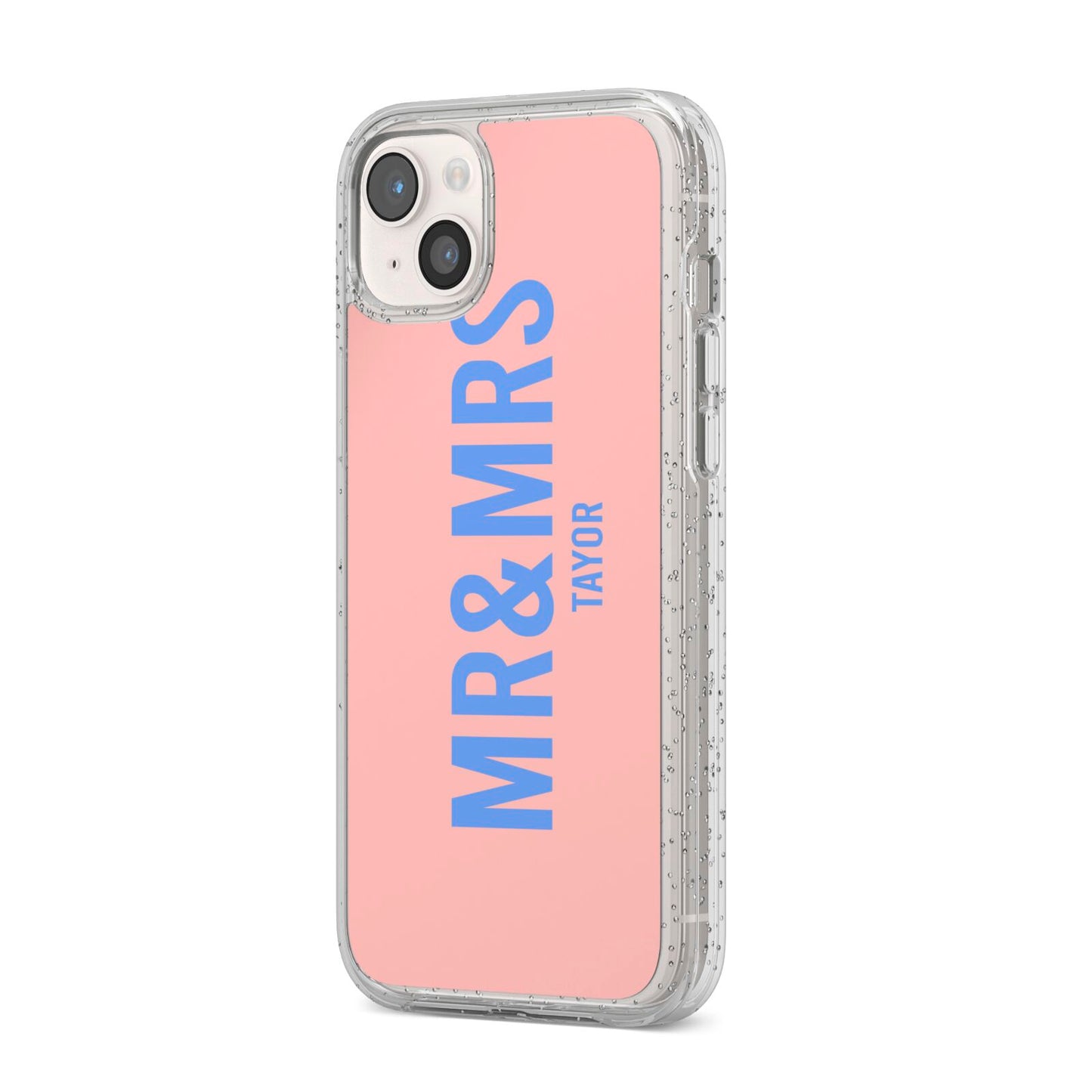 Personalised Mr and Mrs iPhone 14 Plus Glitter Tough Case Starlight Angled Image