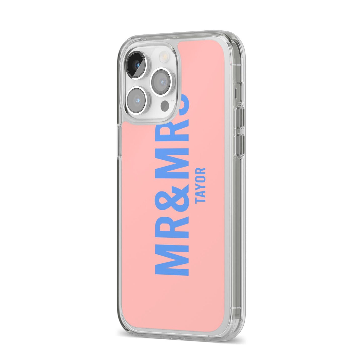 Personalised Mr and Mrs iPhone 14 Pro Max Clear Tough Case Silver Angled Image