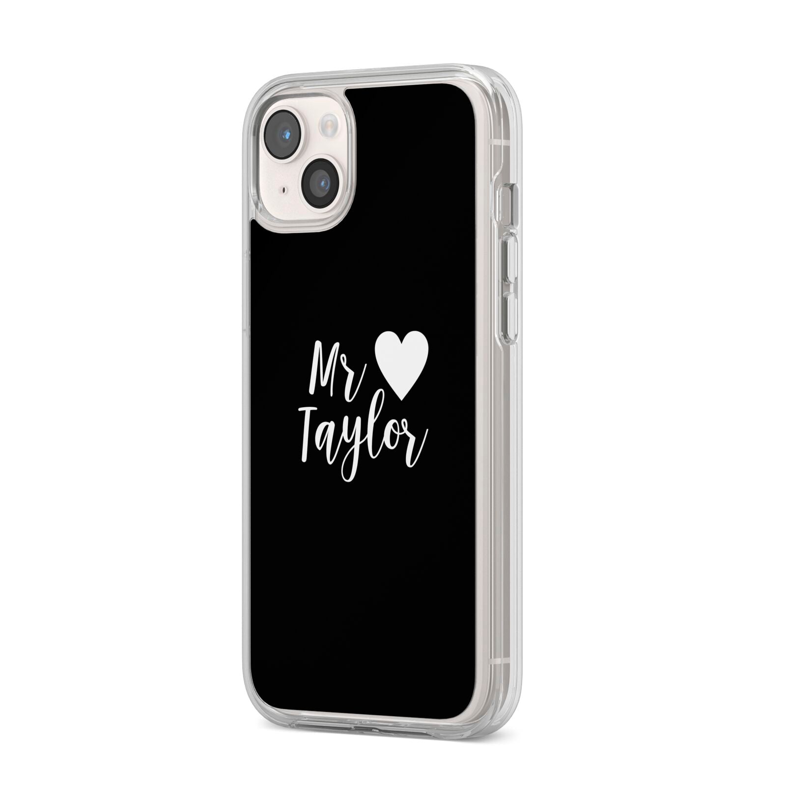 Personalised Mr iPhone 14 Plus Clear Tough Case Starlight Angled Image