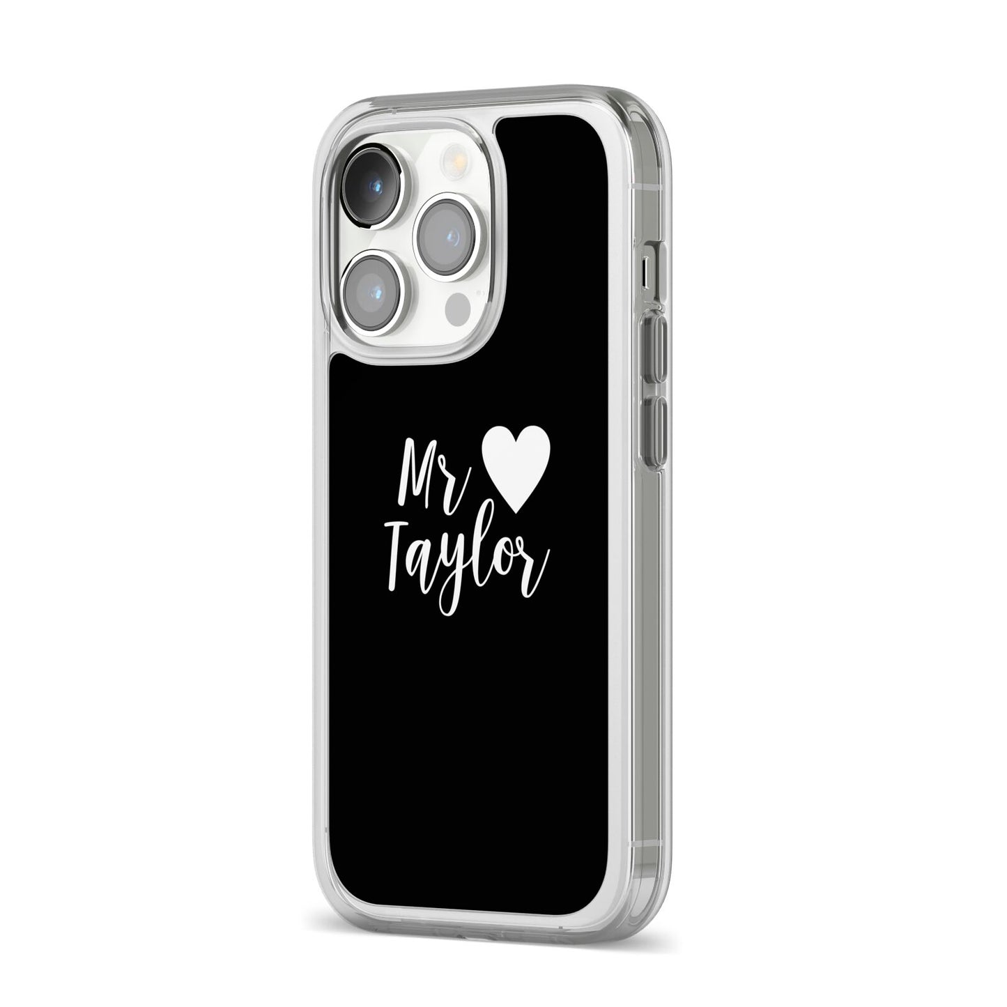 Personalised Mr iPhone 14 Pro Clear Tough Case Silver Angled Image