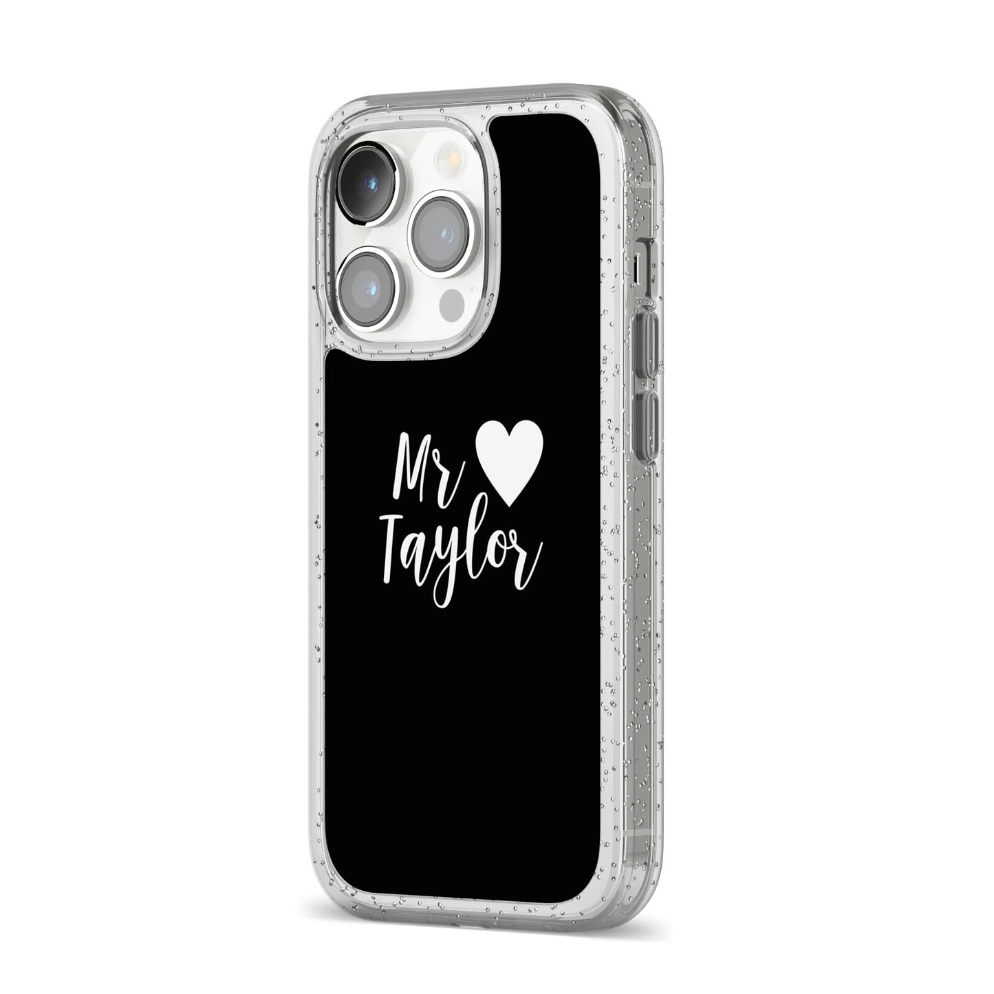 Personalised Mr iPhone 14 Pro Glitter Tough Case Silver Angled Image