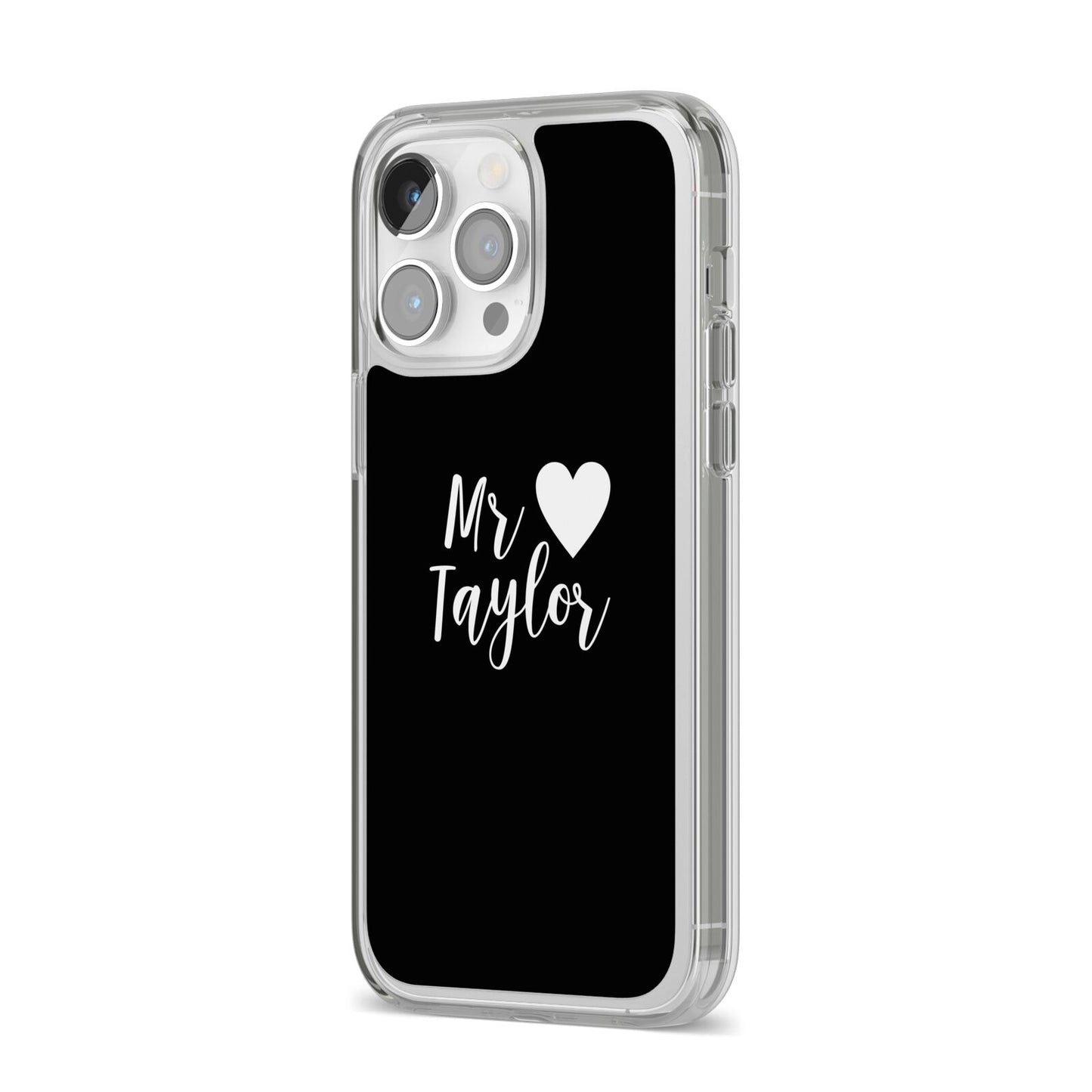 Personalised Mr iPhone 14 Pro Max Clear Tough Case Silver Angled Image