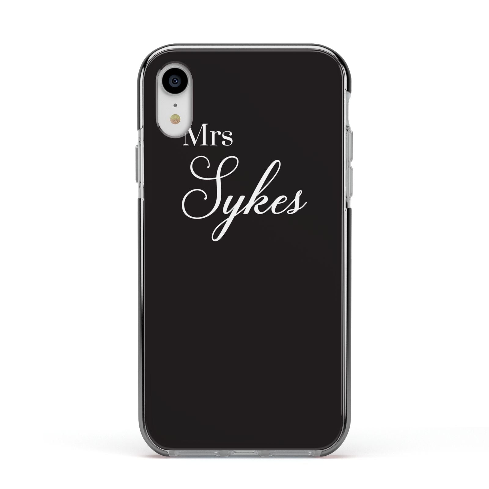 Personalised Mrs Or Mr Bride Apple iPhone XR Impact Case Black Edge on Silver Phone