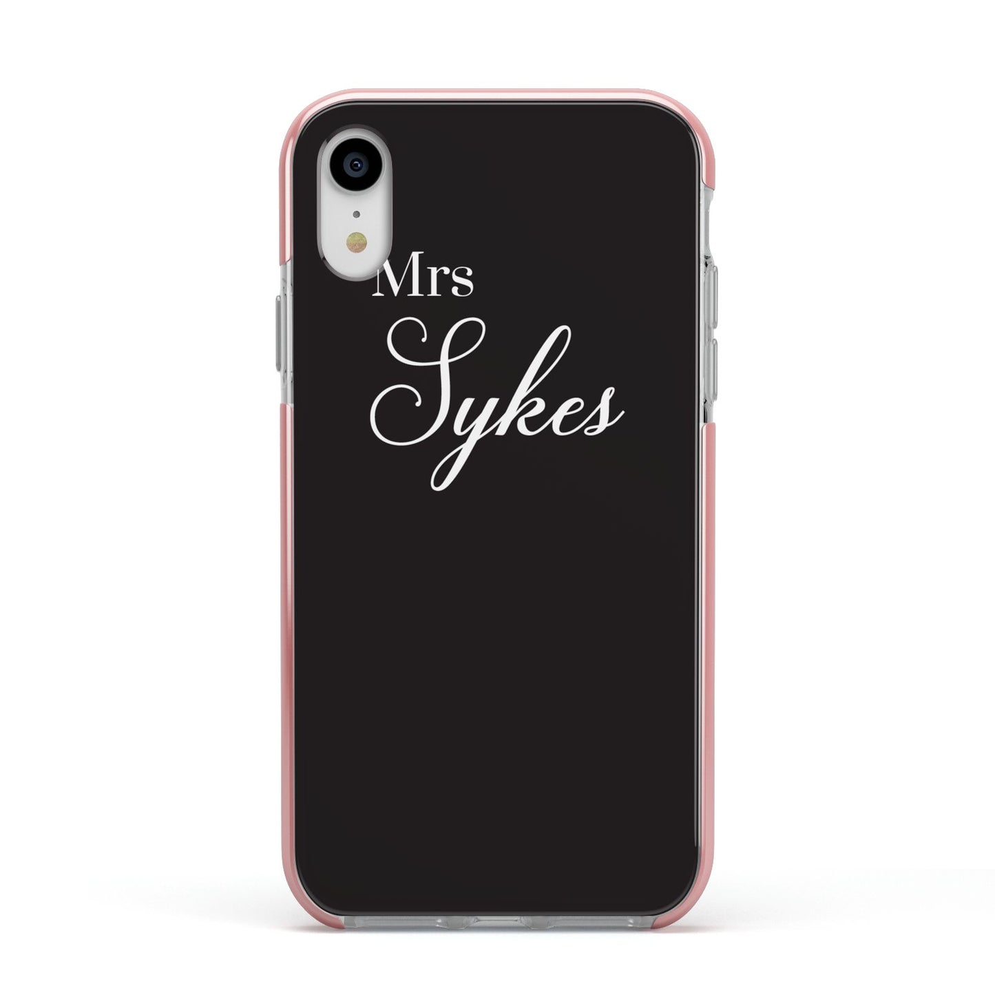 Personalised Mrs Or Mr Bride Apple iPhone XR Impact Case Pink Edge on Silver Phone