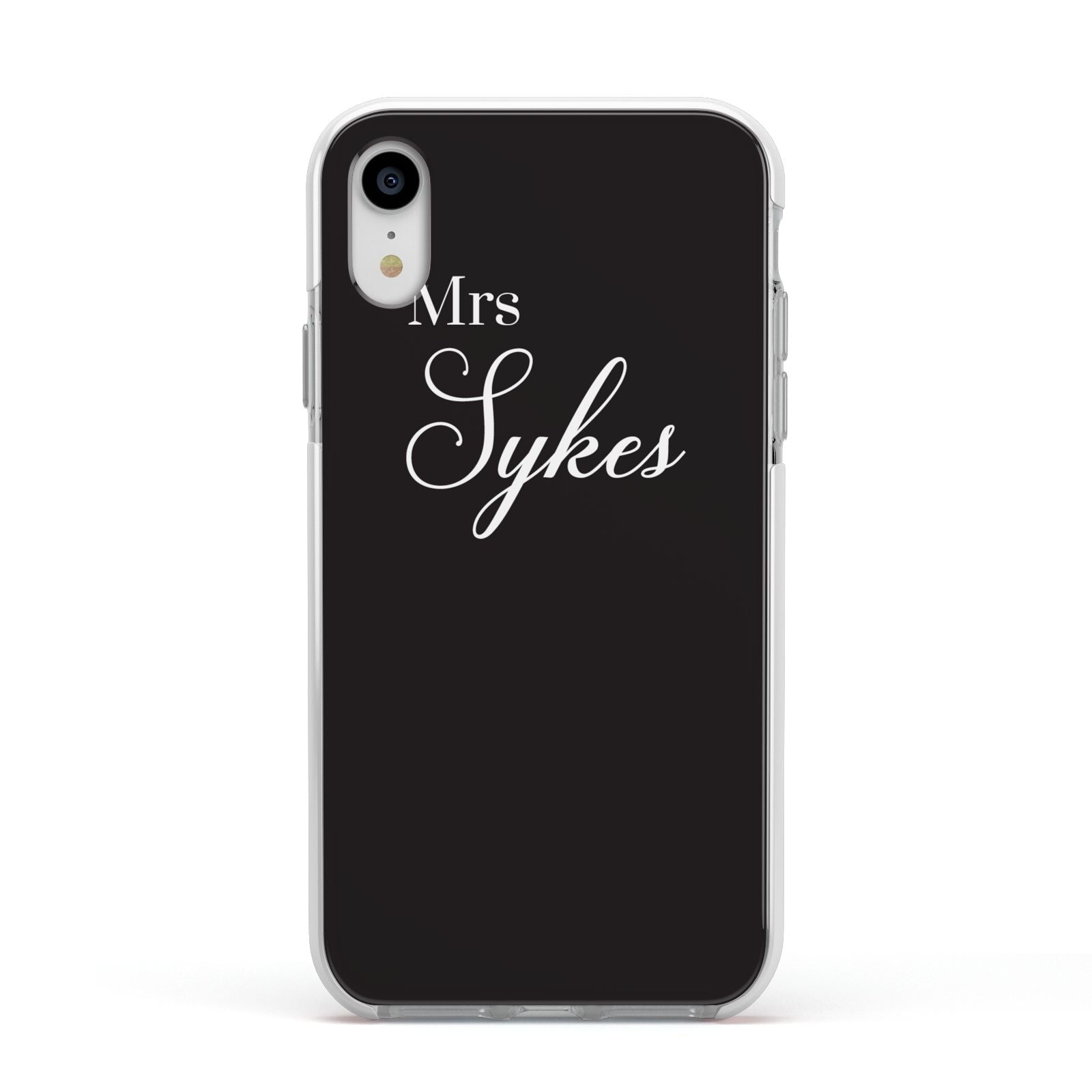 Personalised Mrs Or Mr Bride Apple iPhone XR Impact Case White Edge on Silver Phone