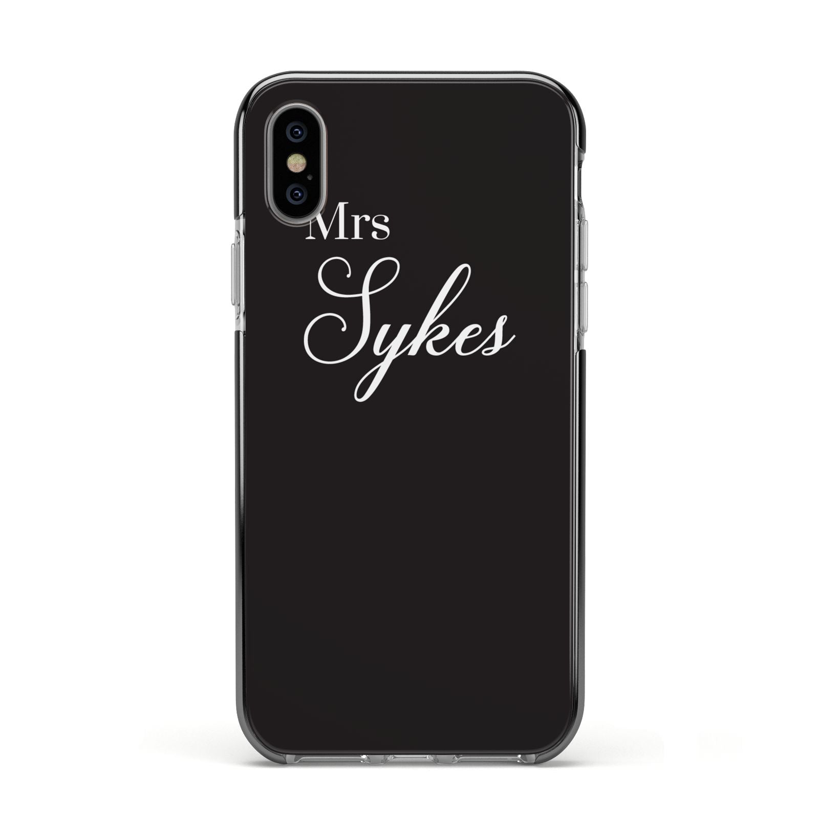 Personalised Mrs Or Mr Bride Apple iPhone Xs Impact Case Black Edge on Silver Phone