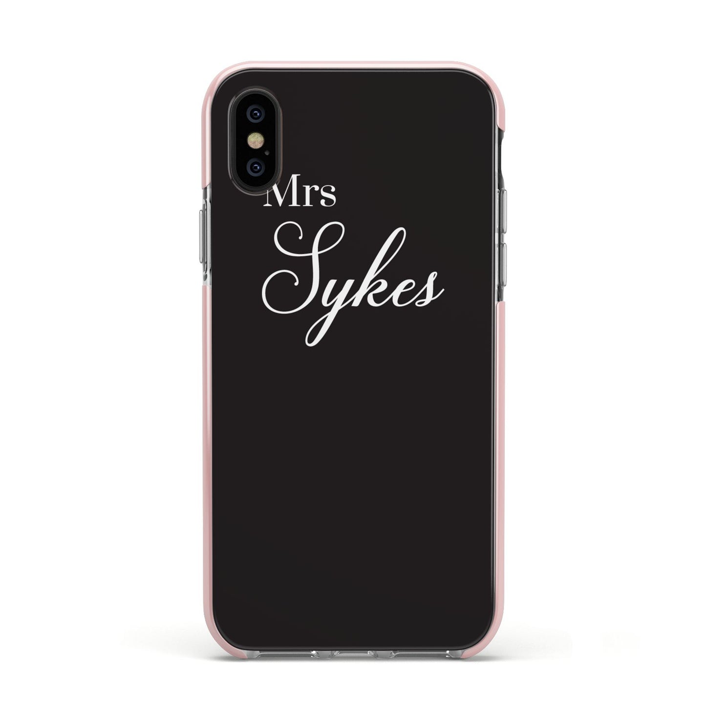 Personalised Mrs Or Mr Bride Apple iPhone Xs Impact Case Pink Edge on Black Phone