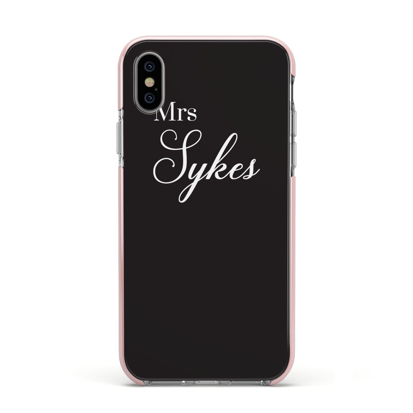 Personalised Mrs Or Mr Bride Apple iPhone Xs Impact Case Pink Edge on Silver Phone