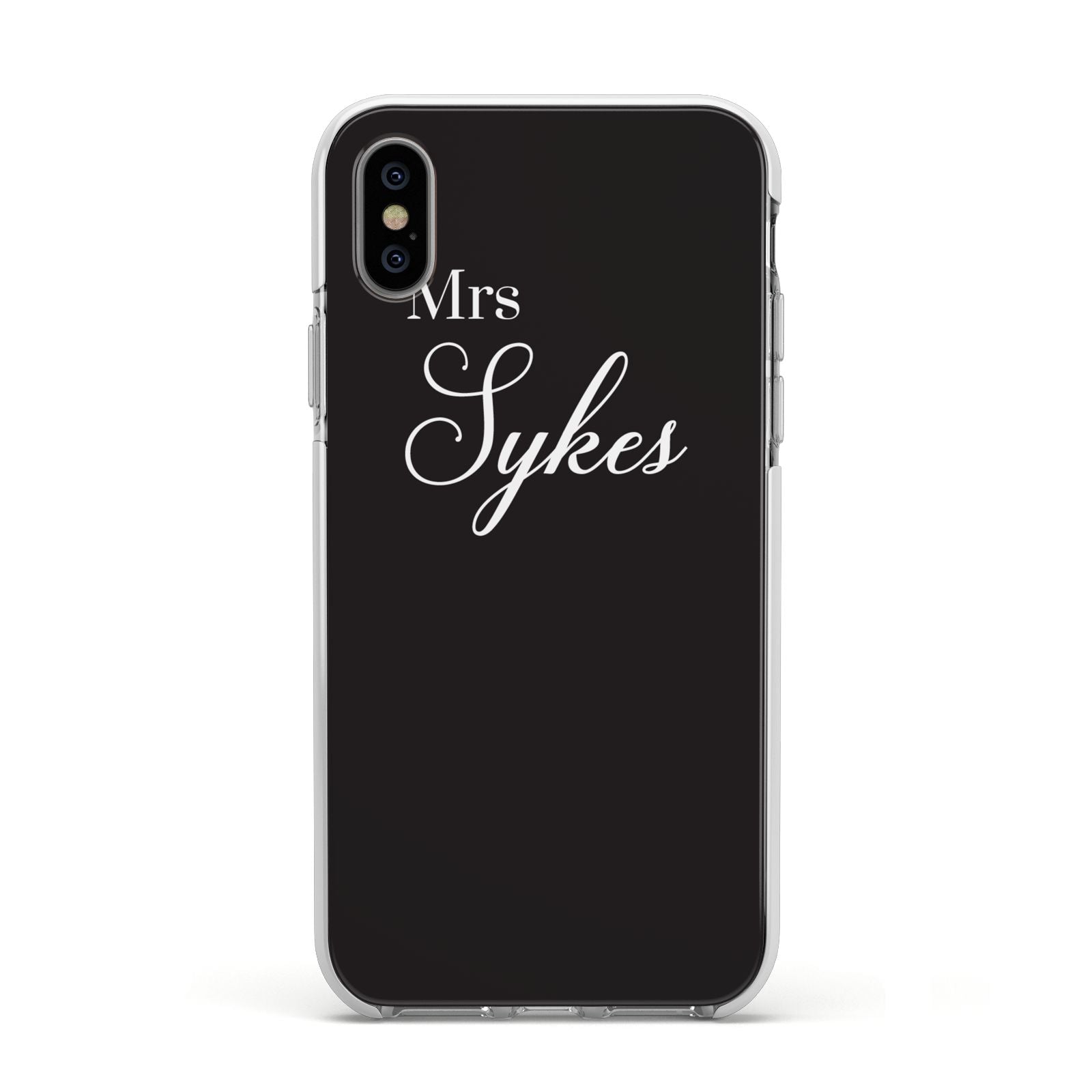 Personalised Mrs Or Mr Bride Apple iPhone Xs Impact Case White Edge on Silver Phone