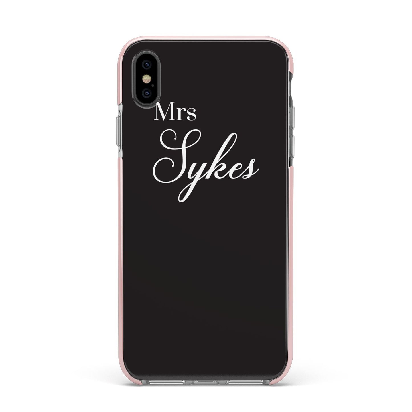 Personalised Mrs Or Mr Bride Apple iPhone Xs Max Impact Case Pink Edge on Black Phone