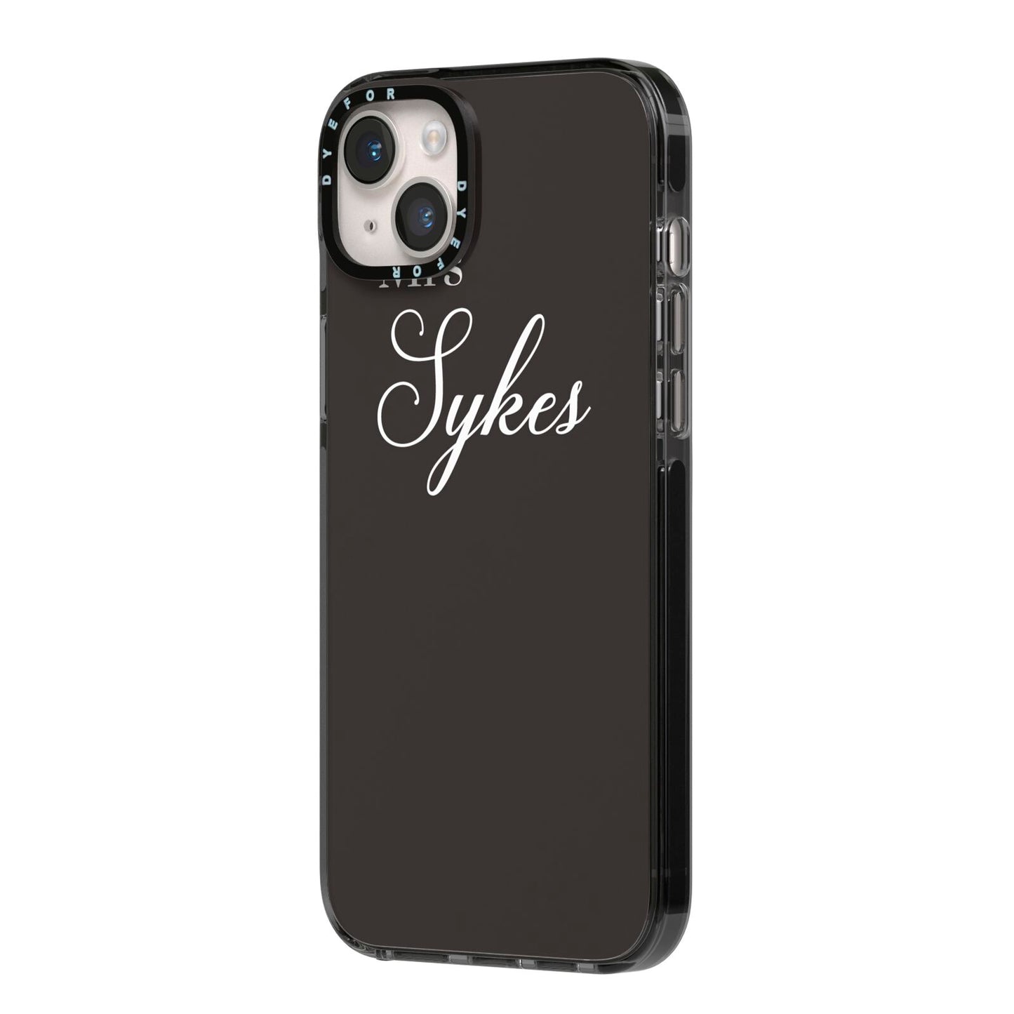 Personalised Mrs Or Mr Bride iPhone 14 Plus Black Impact Case Side Angle on Silver phone