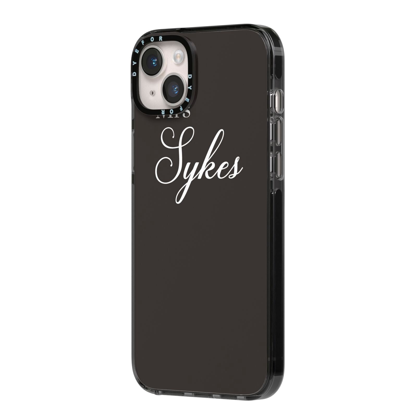 Personalised Mrs Or Mr Bride iPhone 14 Plus Black Impact Case Side Angle on Silver phone