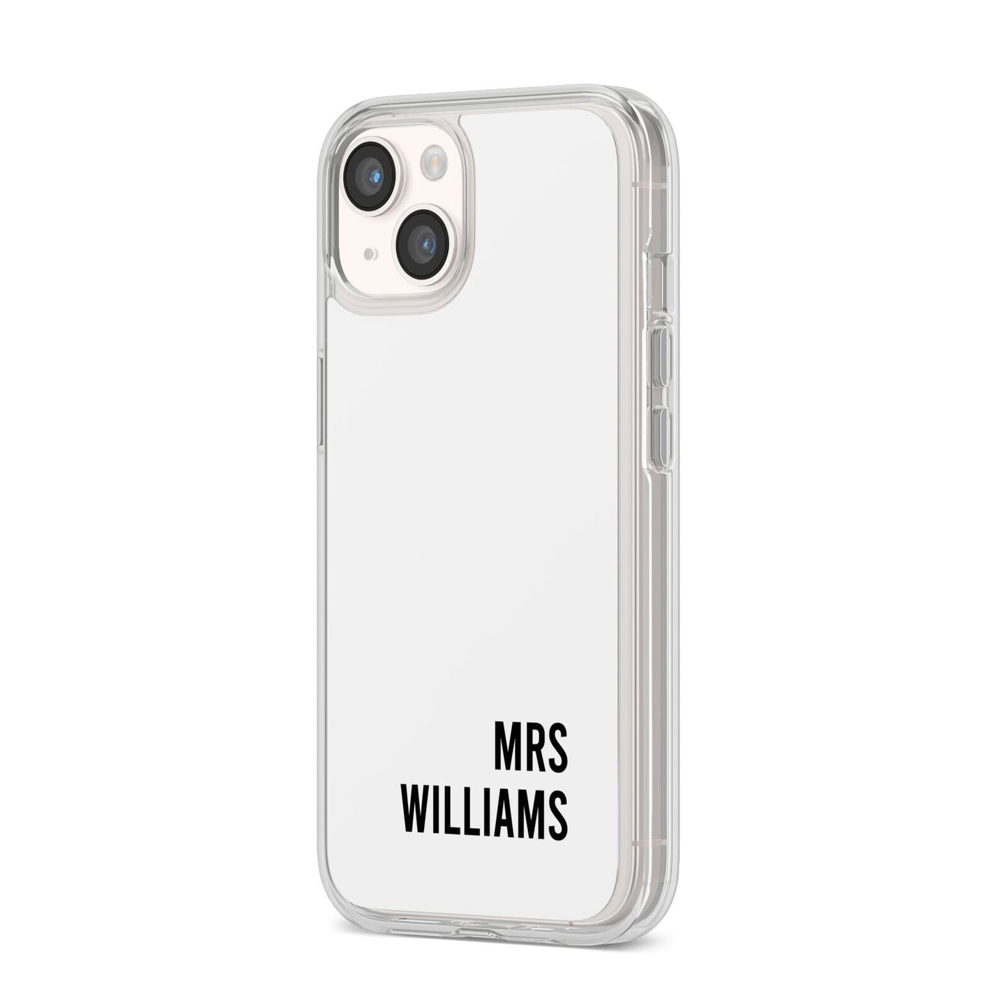 Personalised Mrs Surname iPhone 14 Clear Tough Case Starlight Angled Image