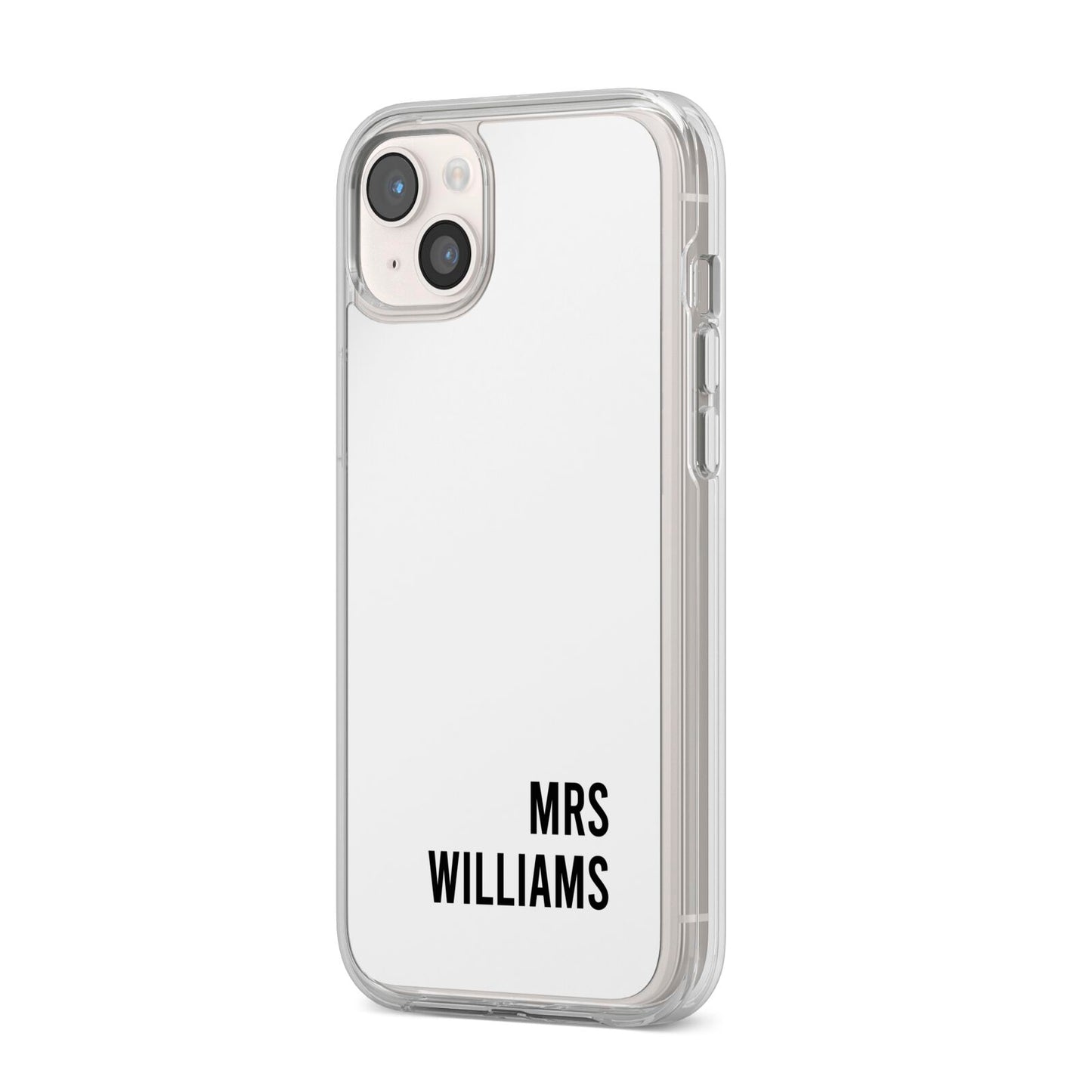 Personalised Mrs Surname iPhone 14 Plus Clear Tough Case Starlight Angled Image