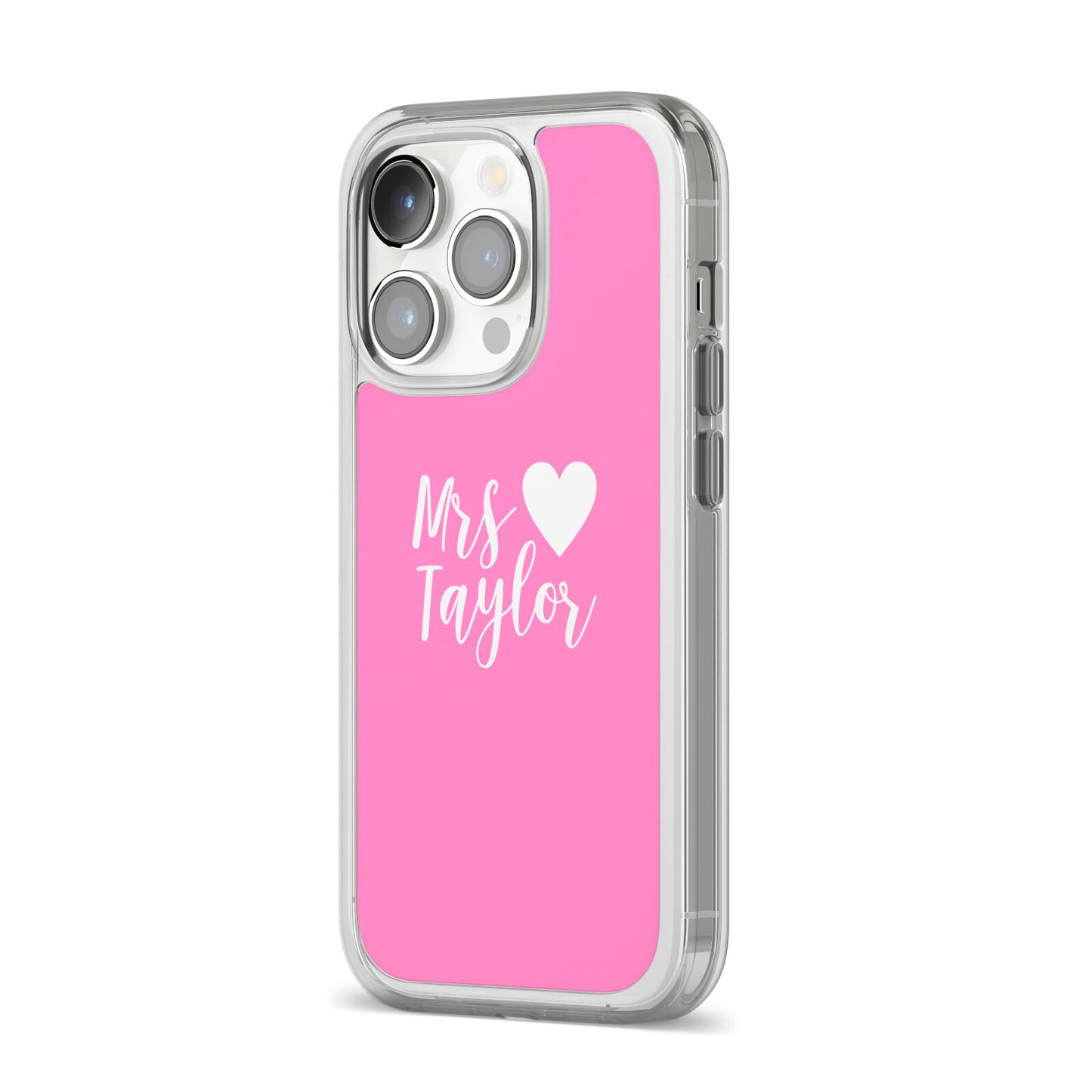 Personalised Mrs iPhone 14 Pro Clear Tough Case Silver Angled Image