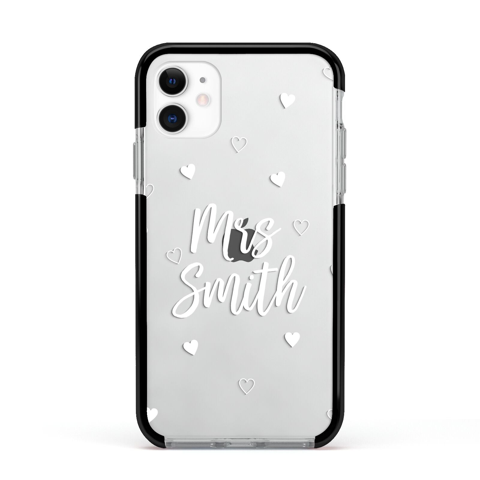 Personalised Mrs with Hearts Apple iPhone 11 in White with Black Impact Case