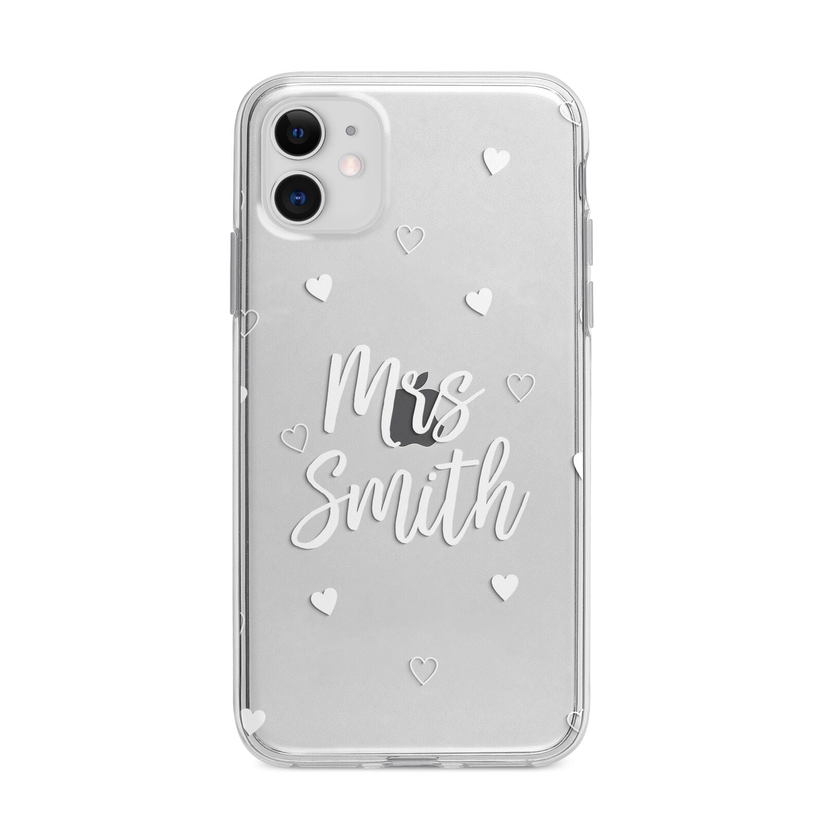 Personalised Mrs with Hearts Apple iPhone 11 in White with Bumper Case