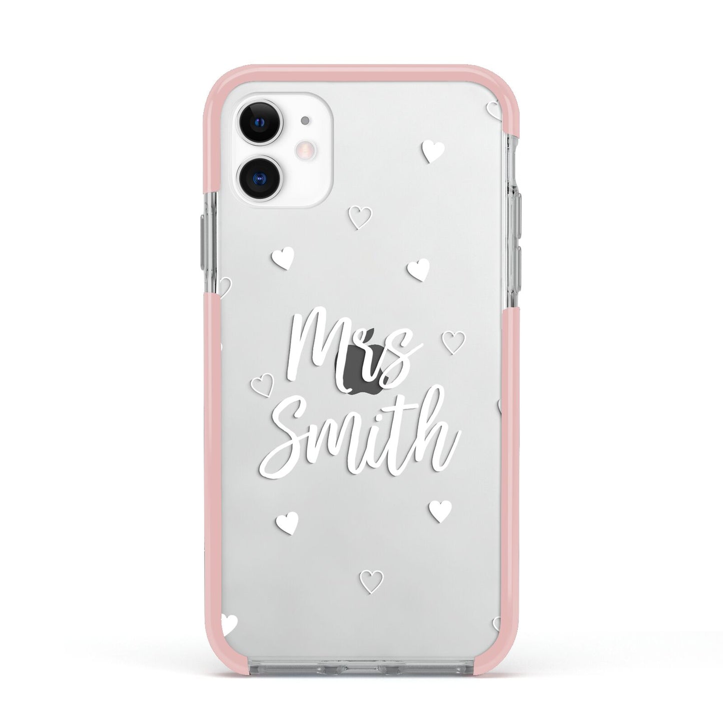 Personalised Mrs with Hearts Apple iPhone 11 in White with Pink Impact Case
