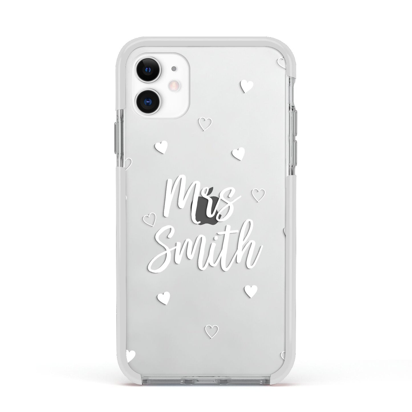 Personalised Mrs with Hearts Apple iPhone 11 in White with White Impact Case