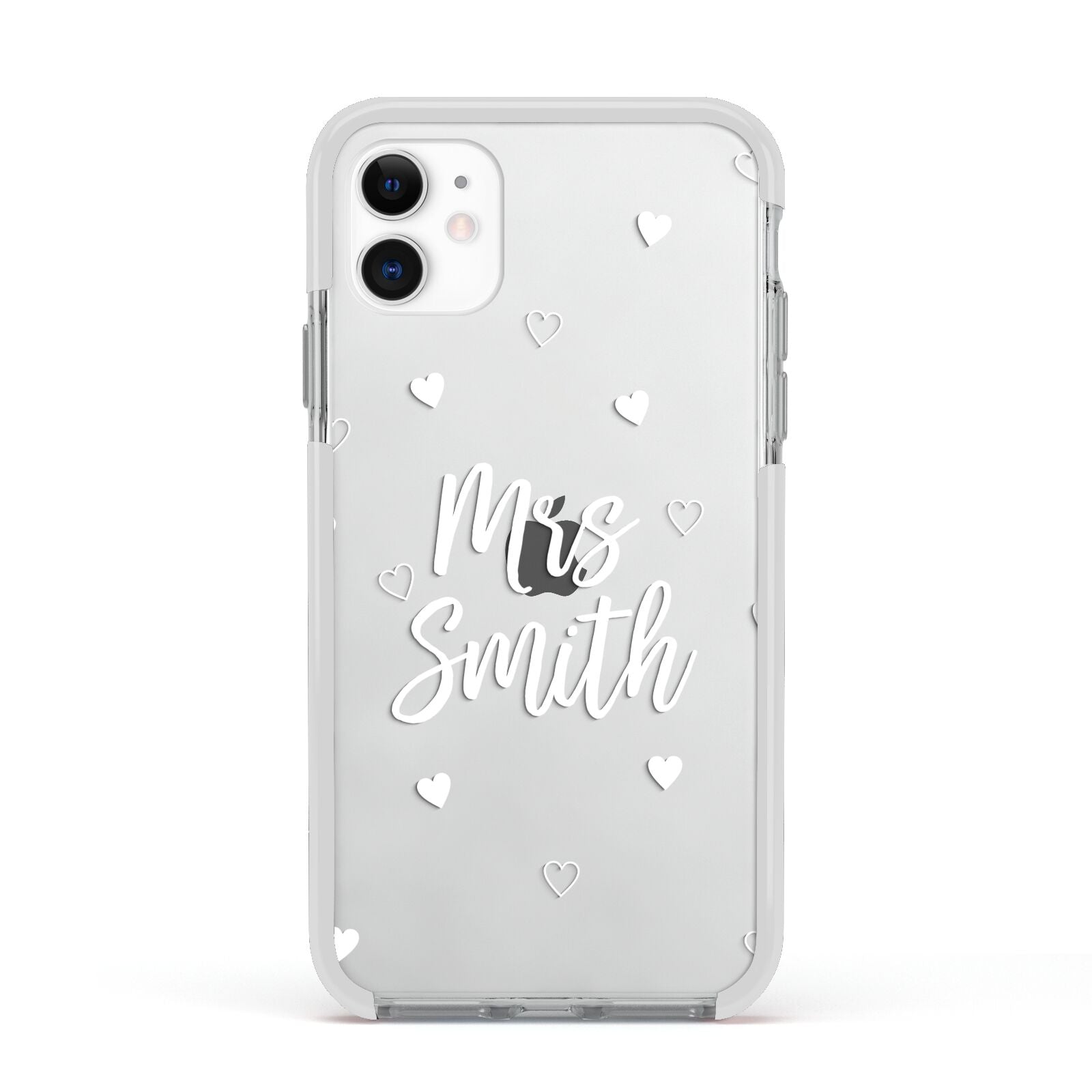 Personalised Mrs with Hearts Apple iPhone 11 in White with White Impact Case