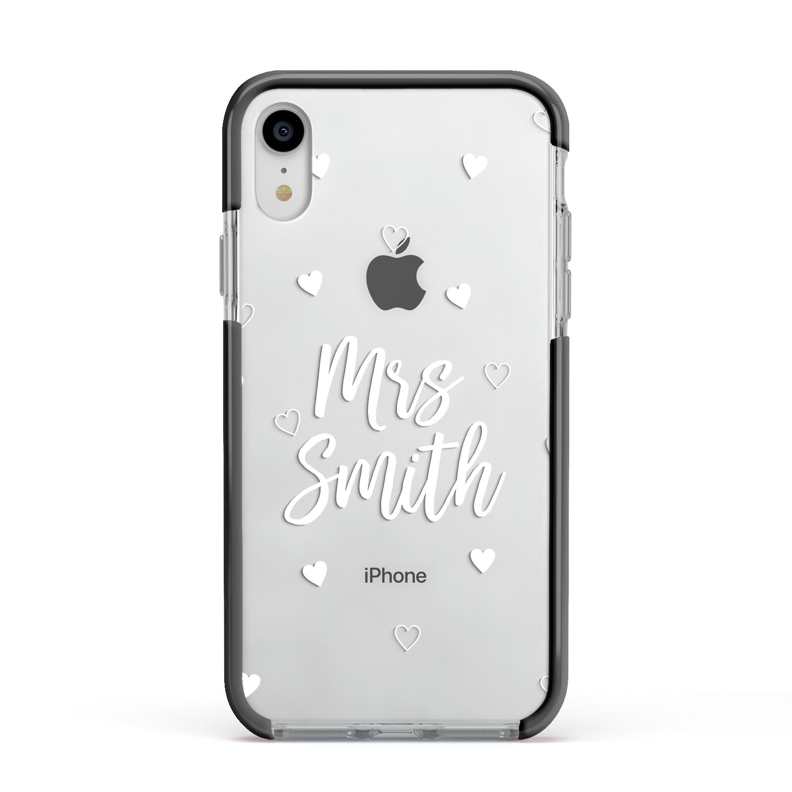 Personalised Mrs with Hearts Apple iPhone XR Impact Case Black Edge on Silver Phone