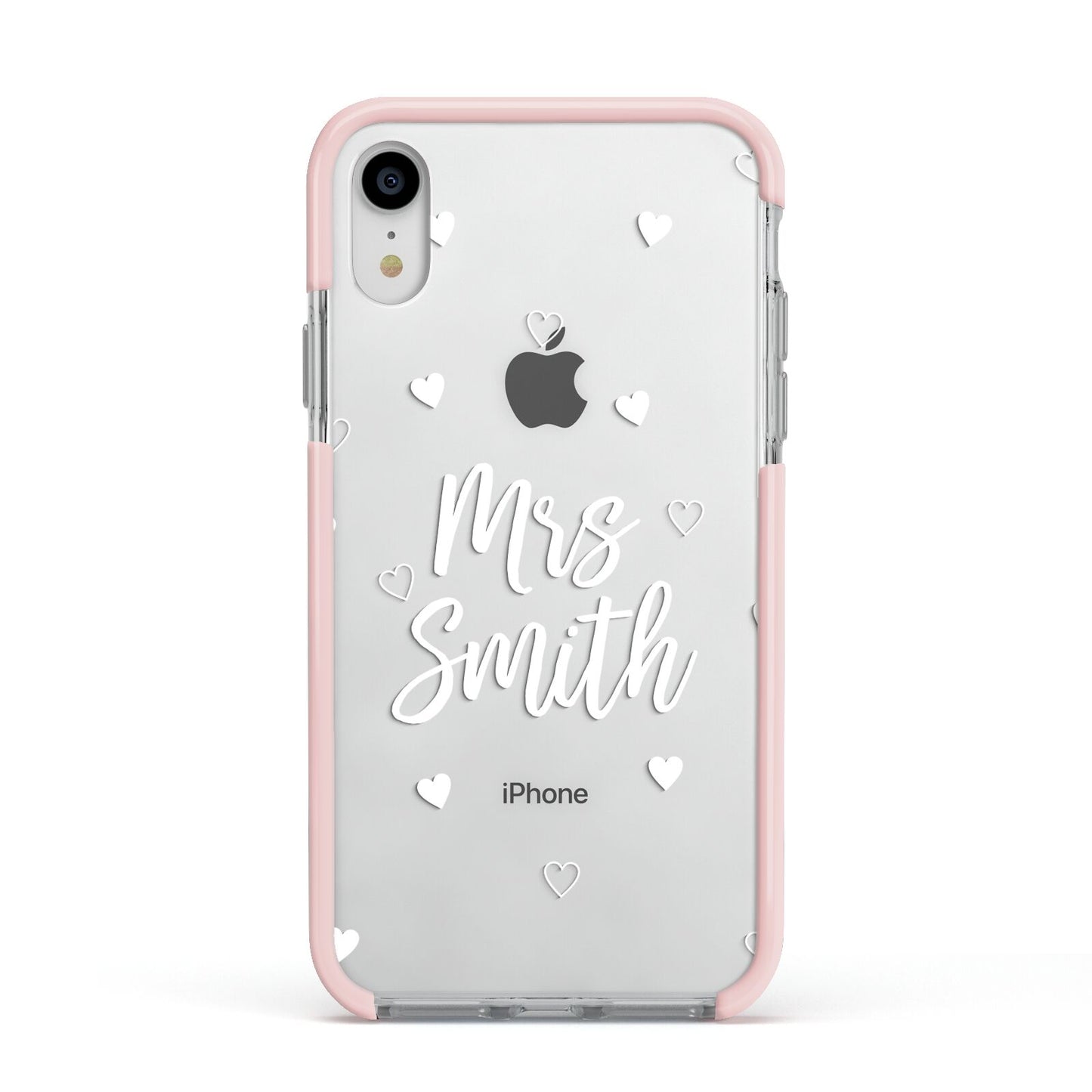 Personalised Mrs with Hearts Apple iPhone XR Impact Case Pink Edge on Silver Phone