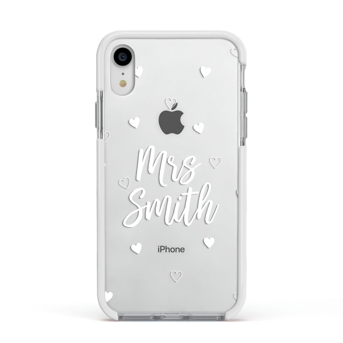 Personalised Mrs with Hearts Apple iPhone XR Impact Case White Edge on Silver Phone