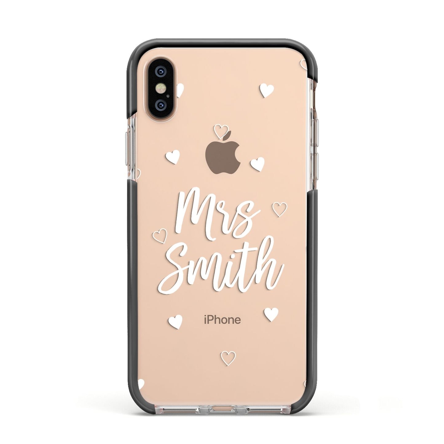 Personalised Mrs with Hearts Apple iPhone Xs Impact Case Black Edge on Gold Phone