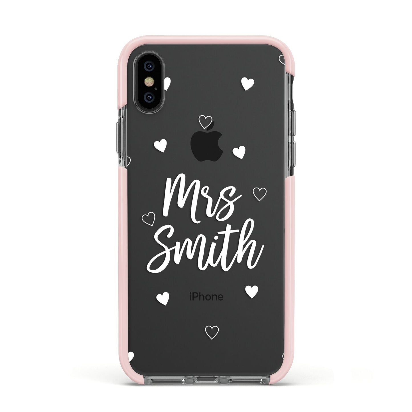 Personalised Mrs with Hearts Apple iPhone Xs Impact Case Pink Edge on Black Phone