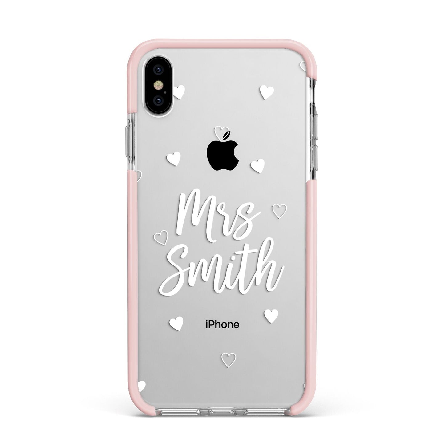 Personalised Mrs with Hearts Apple iPhone Xs Max Impact Case Pink Edge on Silver Phone