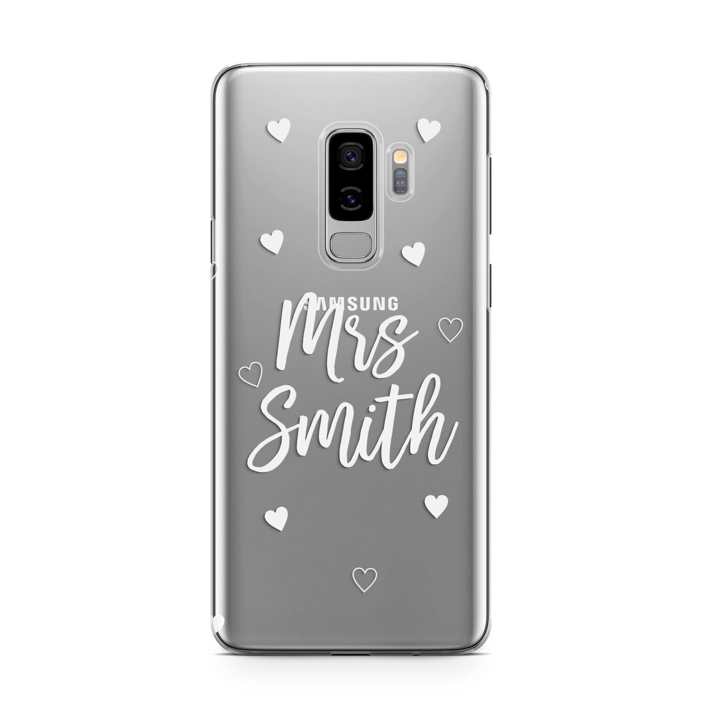 Personalised Mrs with Hearts Samsung Galaxy S9 Plus Case on Silver phone