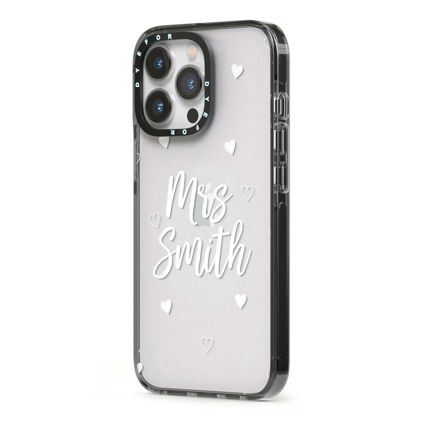 Personalised Mrs with Hearts iPhone 13 Pro Black Impact Case Side Angle on Silver phone