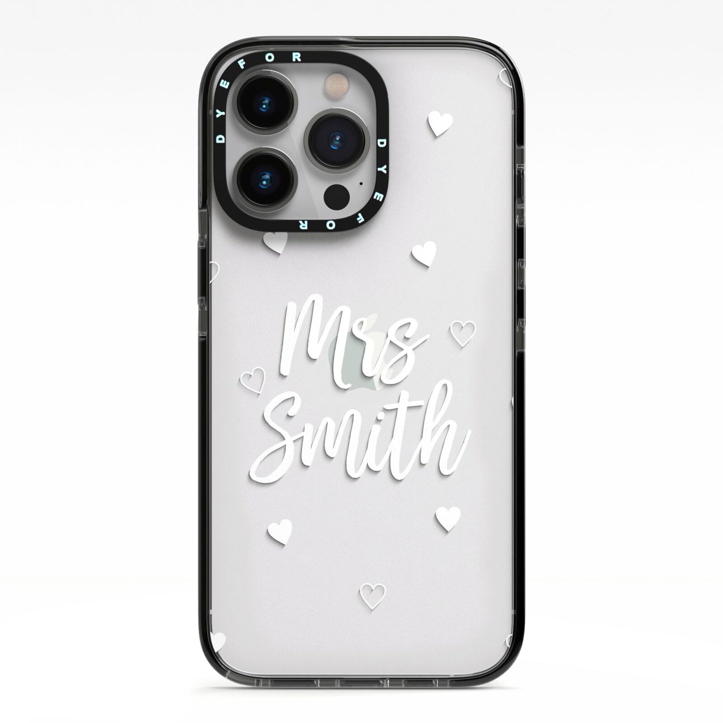 Personalised Mrs with Hearts iPhone 13 Pro Black Impact Case on Silver phone