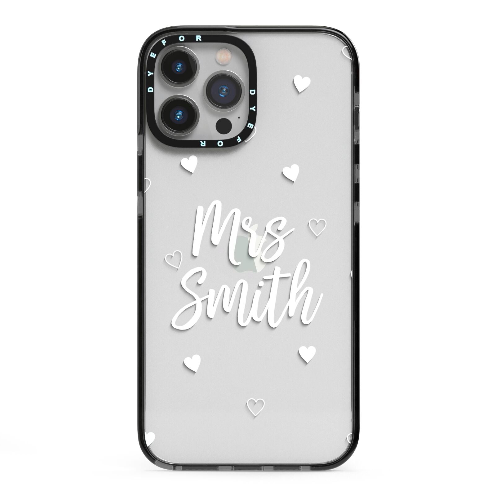 Personalised Mrs with Hearts iPhone 13 Pro Max Black Impact Case on Silver phone